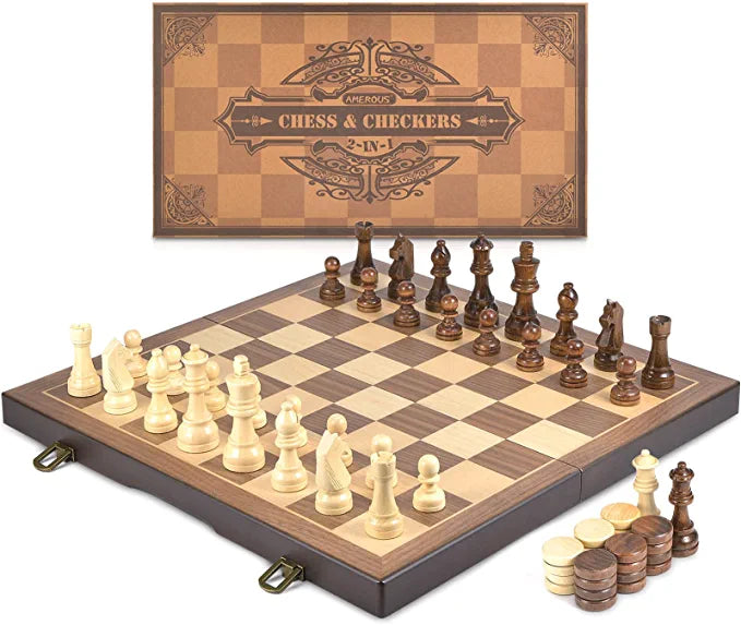 WE Games French Staunton Wood Chess & Checkers Set, 15 inch Board with  Storage