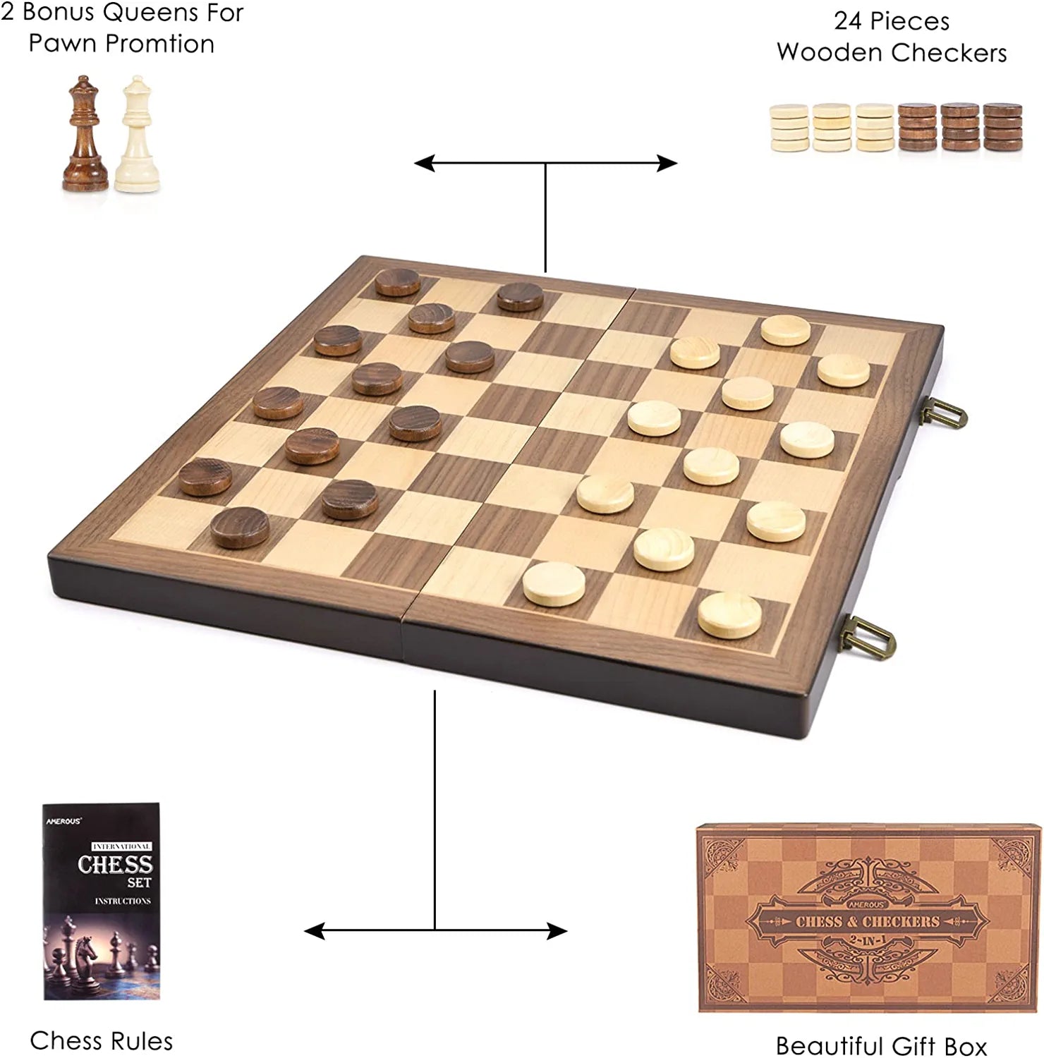 Squared magnetic chess set in natural wood - with drawer